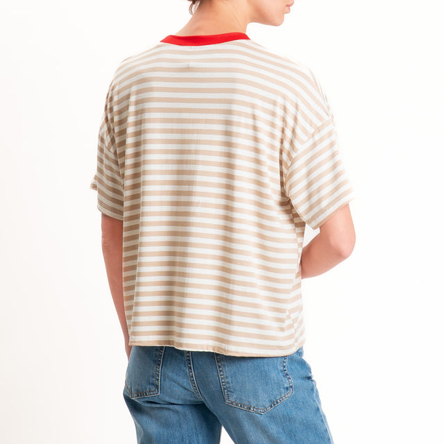 Haveone-T-shirt mezza manica a righe in jersey - rosso/beige/panna