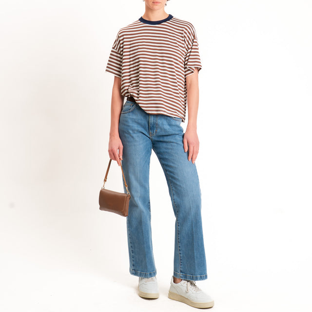 Haveone-T-shirt mezza manica a righe in jersey - blu/tabacco/panna