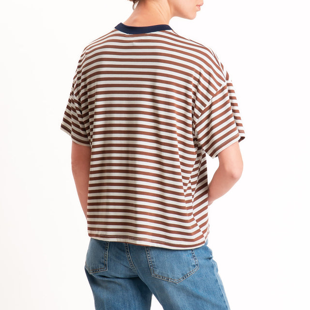 Haveone-T-shirt mezza manica a righe in jersey - blu/tabacco/panna