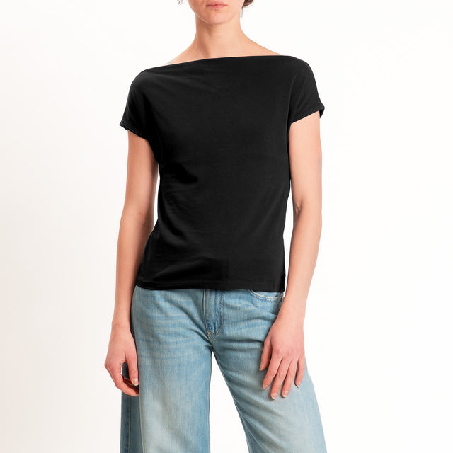 Haveone-T-shirt collo shiffer cotone elasticizzato - nero