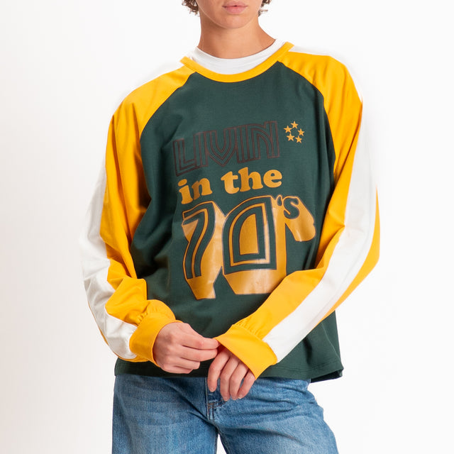 Haveone-Felpa light "LIVIN IN THE 70'S" - verde/giallo/panna