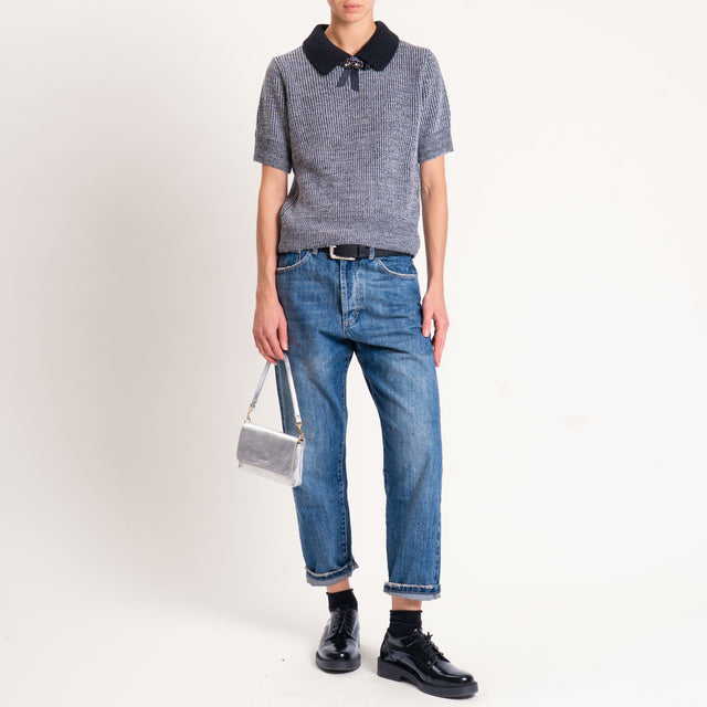 Haveone-Maglia polo melange con gioiello - nero