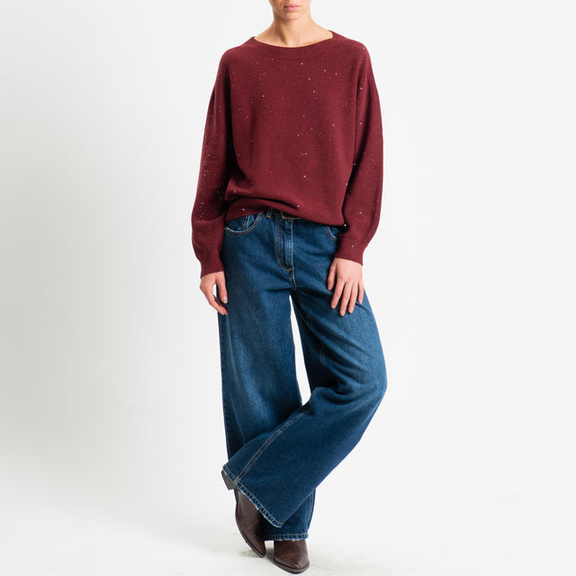 Haveone-Maglia girocollo con micro paillettes - Bordeaux