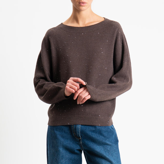 Haveone-Maglia girocollo con micro paillettes - moro