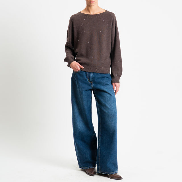 Haveone-Maglia girocollo con micro paillettes - moro