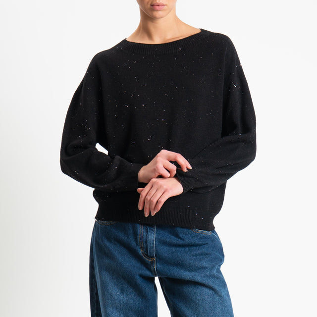 Haveone-Maglia girocollo con micro paillettes - nero