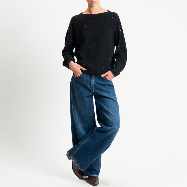 Haveone-Maglia girocollo con micro paillettes - nero