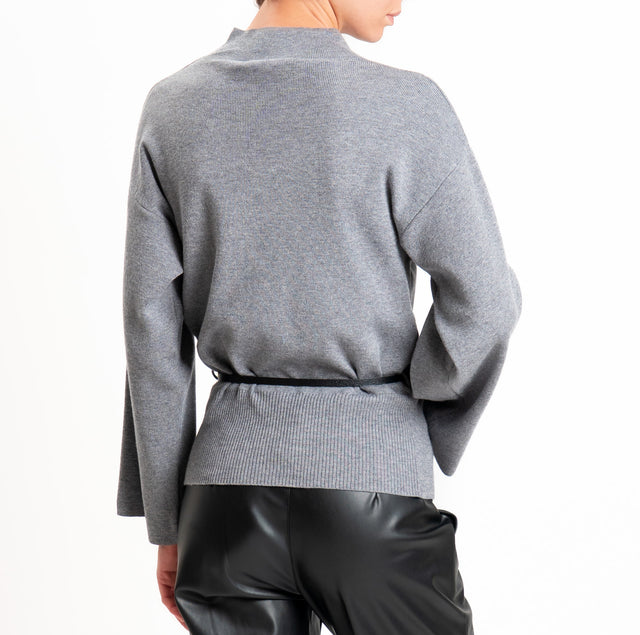 Haveone-Mock neck sweater with belt - grey
