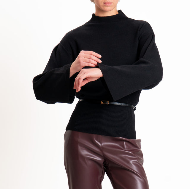 Haveone-Mock neck sweater with belt - black