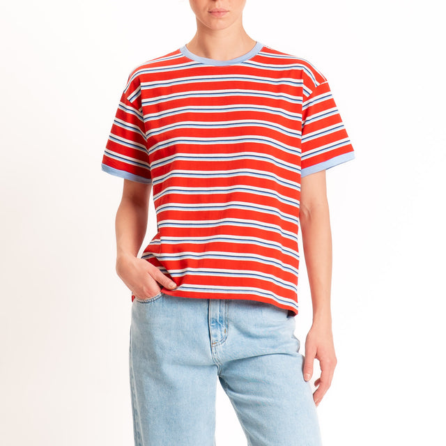 Haveone-Maglia scatola a righe cotone riciclato - cielo/rosso/cielo