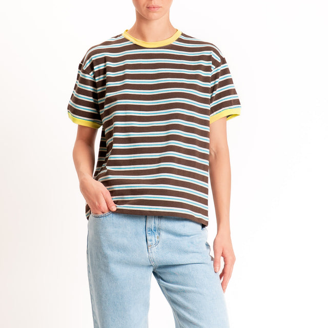 Haveone-Maglia scatola a righe cotone riciclato - lime/moro/celeste