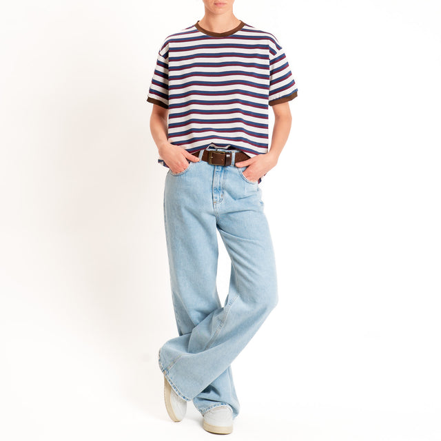 Haveone-Maglia scatola a righe cotone riciclato - moro/vino/blu