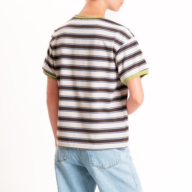 Haveone-Maglia scatola a righe cotone riciclato - olive/moro/cielo