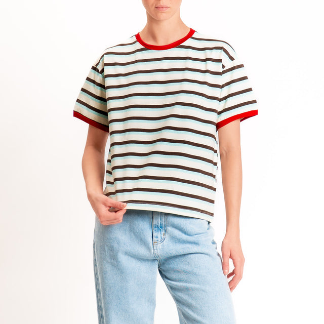 Haveone-Maglia scatola a righe cotone riciclato - rosso/moro/acqua