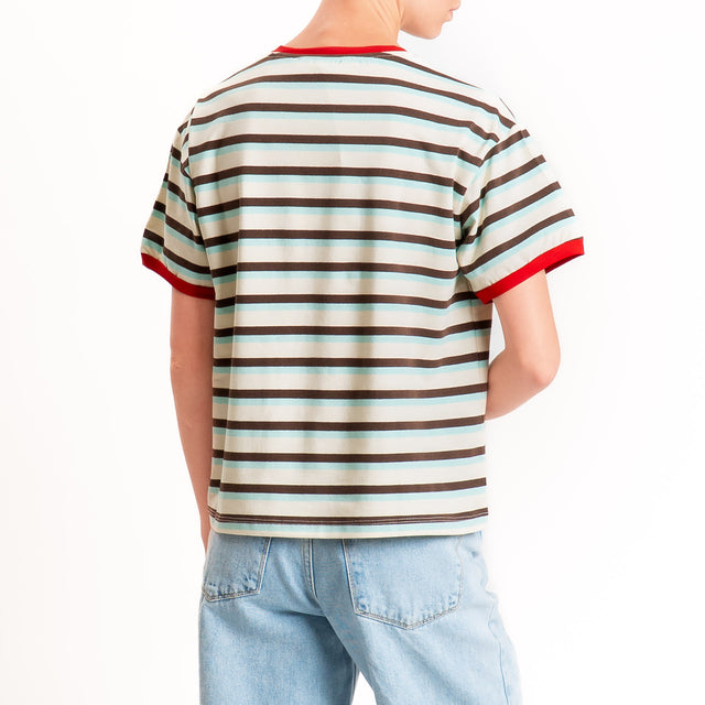 Haveone-Maglia scatola a righe cotone riciclato - rosso/moro/acqua
