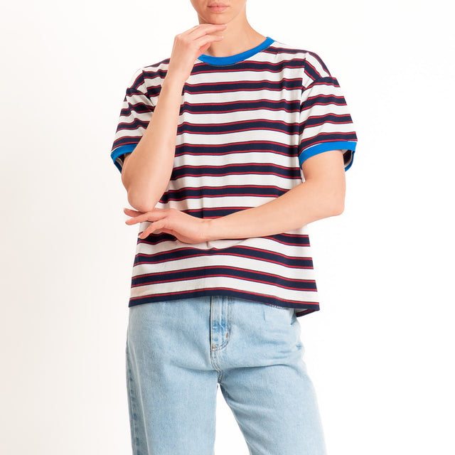 Haveone-Maglia scatola a righe cotone riciclato - royal/latte/blu
