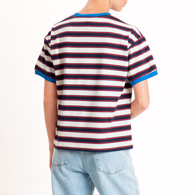 Haveone-Maglia scatola a righe cotone riciclato - royal/latte/blu