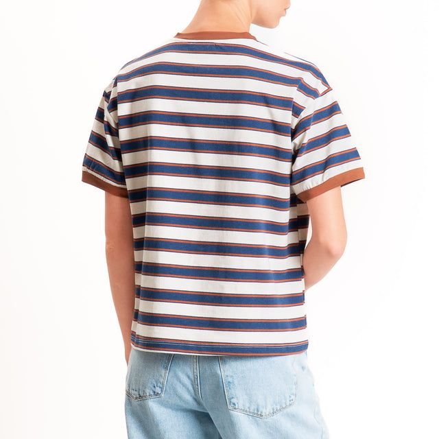 Haveone-Maglia scatola a righe cotone riciclato - tabacco/blu/cuoio