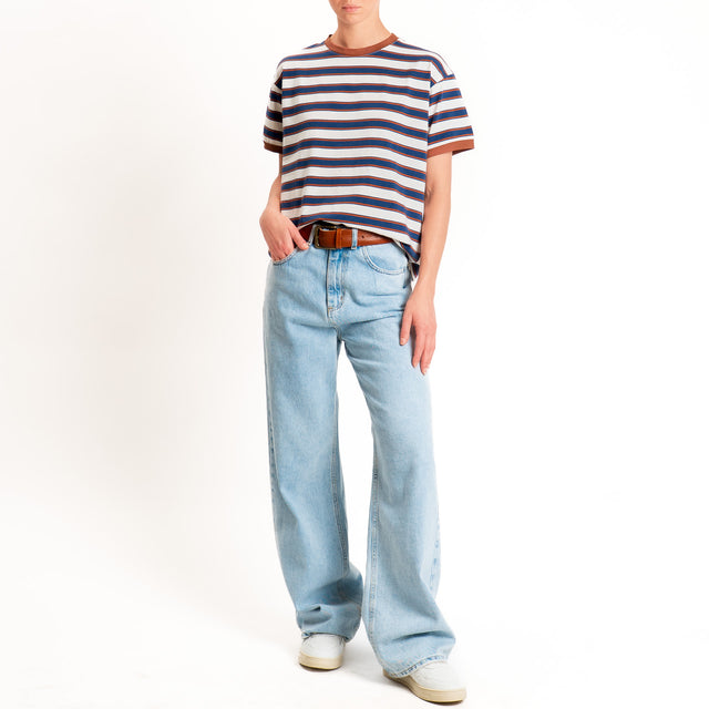 Haveone-Maglia scatola a righe cotone riciclato - tabacco/blu/cuoio