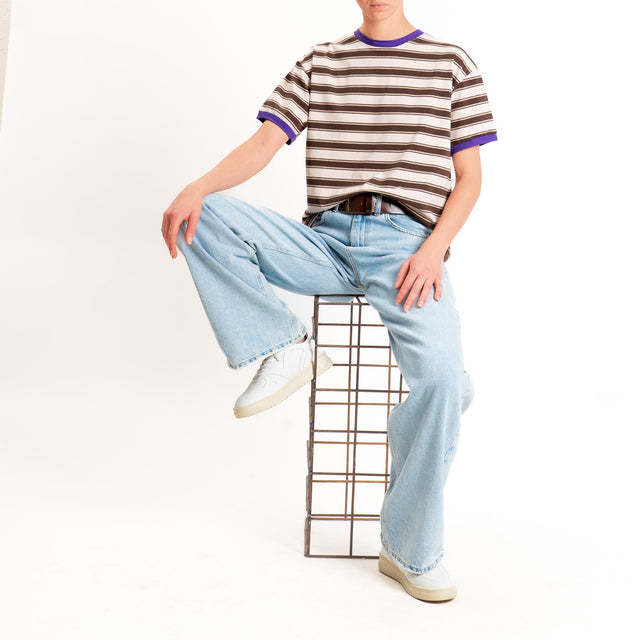 Haveone-Maglia scatola a righe cotone riciclato - viola/burro/moro