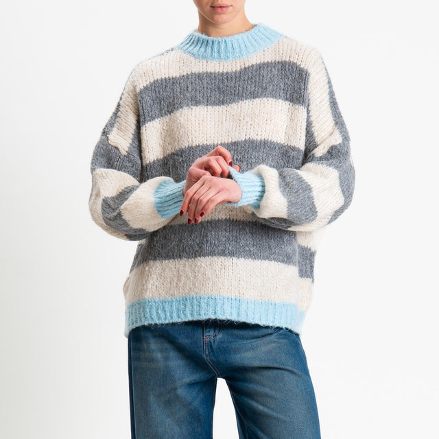 Haveone-Maglia girocollo a righe - celeste/burro/antracite