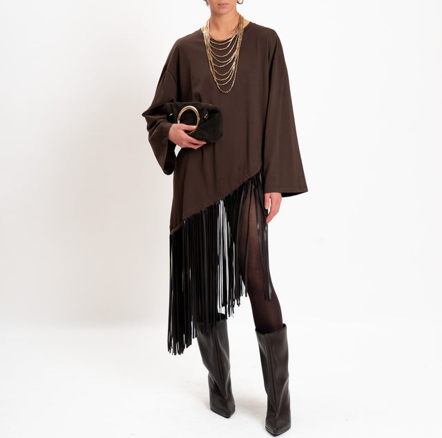 Haveone-Maglia asimmetrica con frange - moro