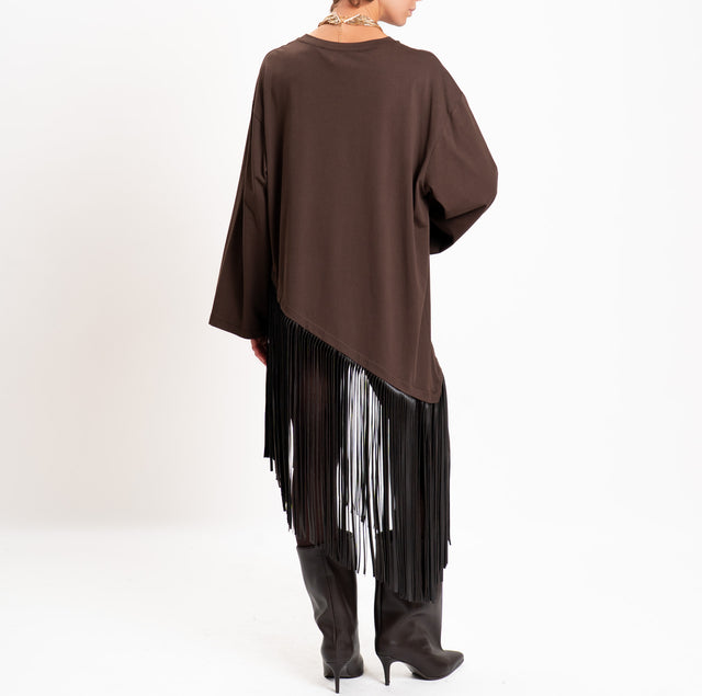 Haveone-Maglia asimmetrica con frange - moro