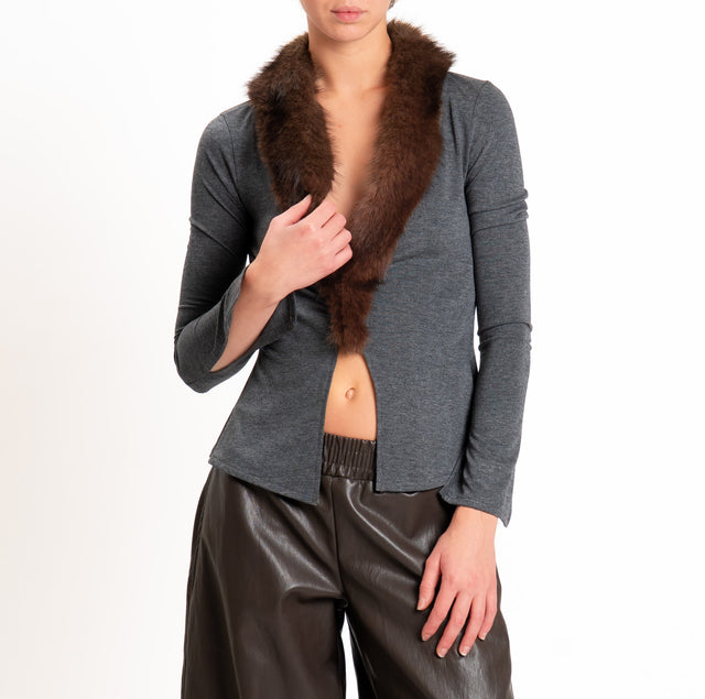 Haveone-Cardigan in jersey con ecopelliccia - grigio
