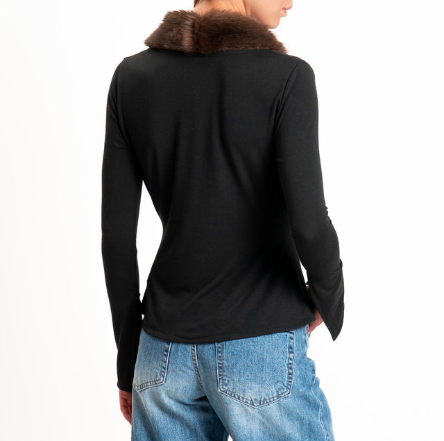 Haveone-Cardigan in jersey con ecopelliccia - nero