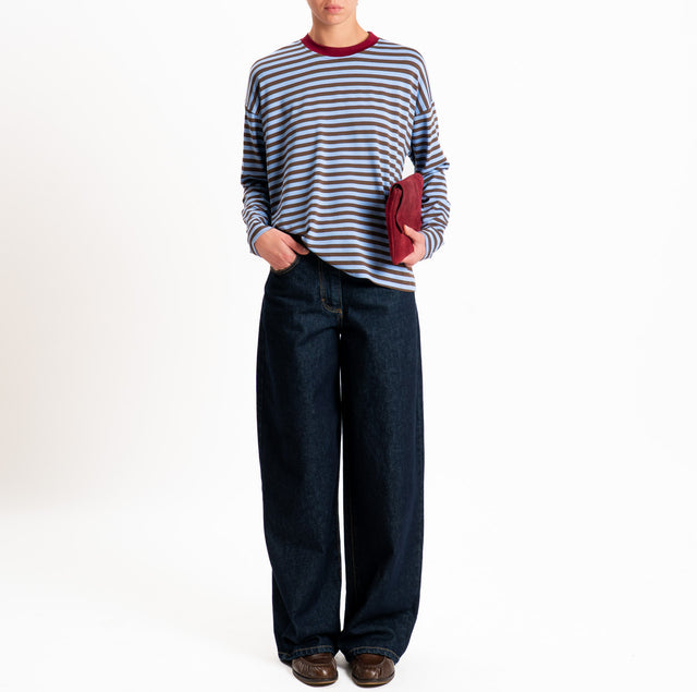 Haveone-T-shirt scatola a righe - bordeaux/azzurro/moro