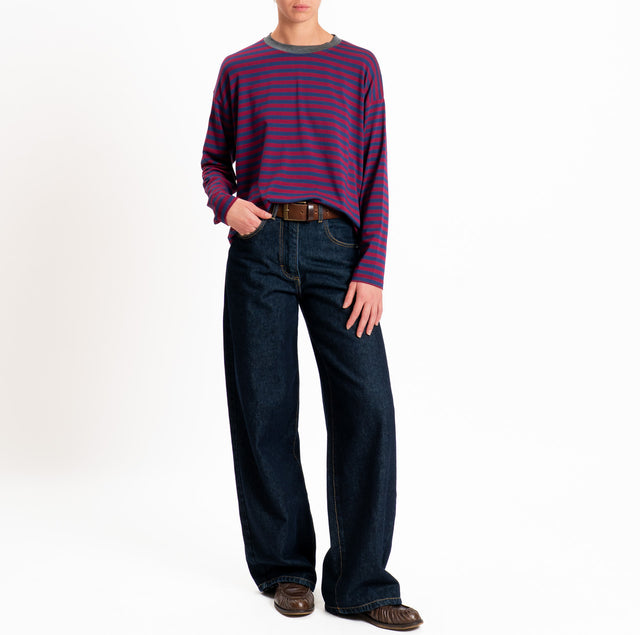 Haveone-T-shirt scatola a righe - grigio melange/blu/bordeaux