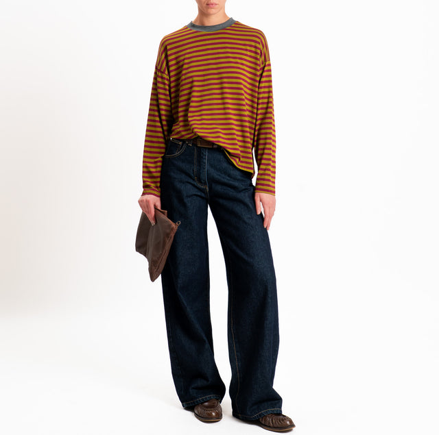 Haveone-T-shirt scatola a righe - grigio melange/foglia/vino