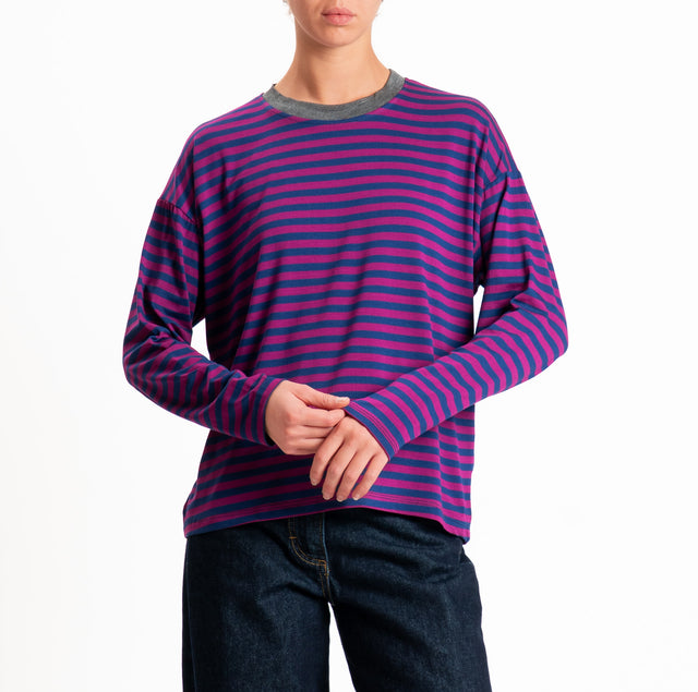 Haveone-T-shirt scatola a righe - grigio/blu/orchidea