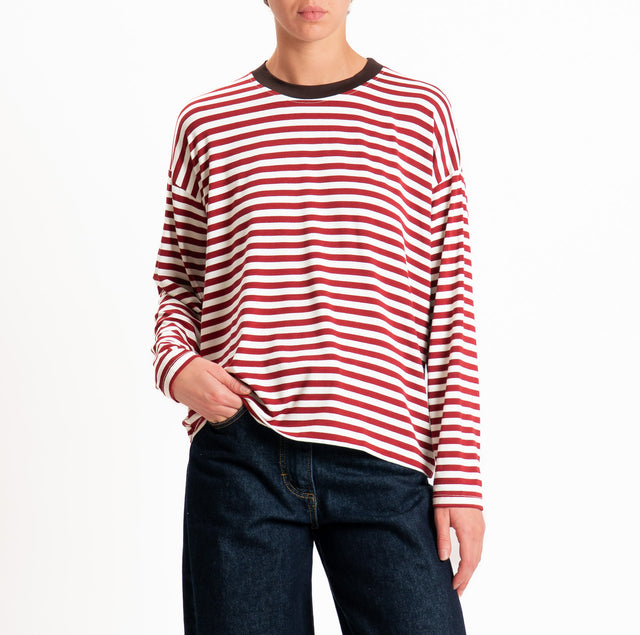 Haveone-T-shirt scatola a righe - moro/panna/india
