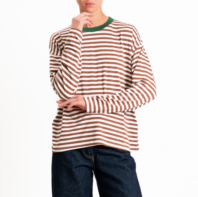 Haveone-T-shirt scatola a righe - verde/panna/tabacco
