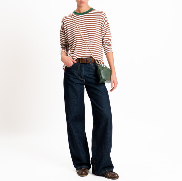 Haveone-T-shirt scatola a righe - verde/panna/tabacco