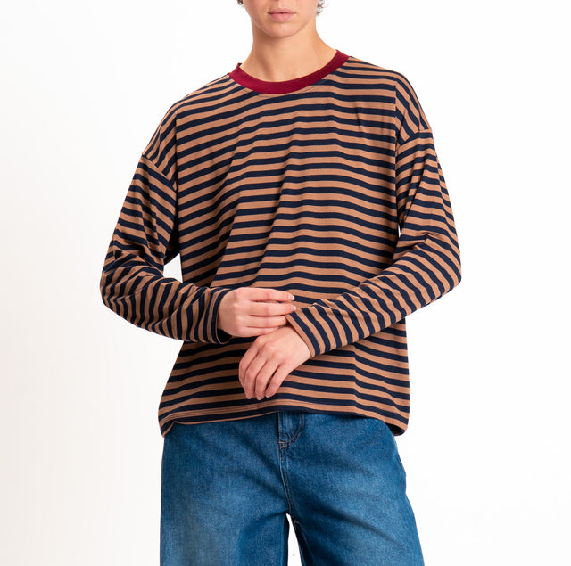 Haveone-T-shirt scatola a righe - bordeaux/blu/tabacco