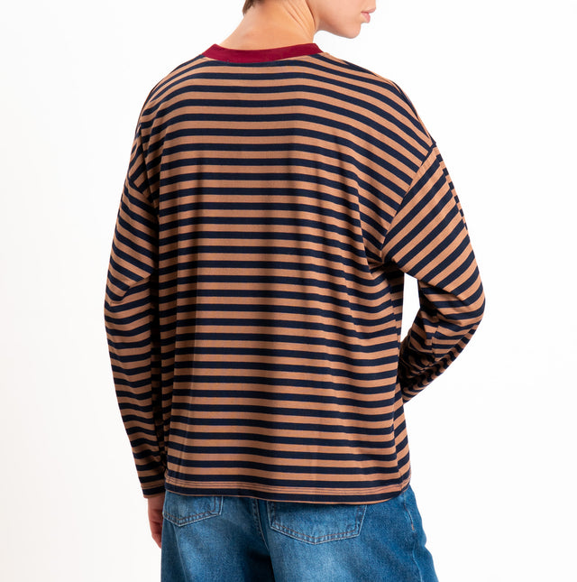 Haveone-T-shirt scatola a righe - bordeaux/blu/tabacco