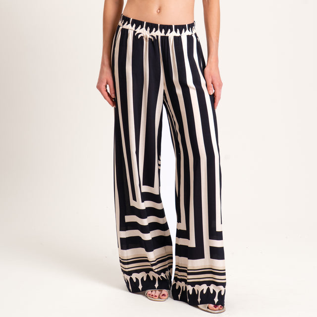 Haveone-Pantalone fantasia etnica elastico in vita - burro/nero