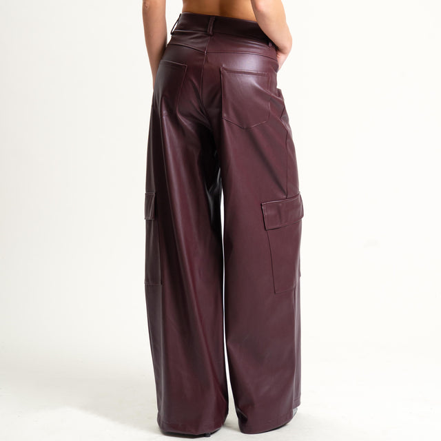 Haveone- Pantalone cargo similpelle wide leg - Bordeaux