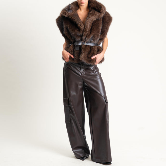 Haveone- Pantalone cargo similpelle wide leg - moro