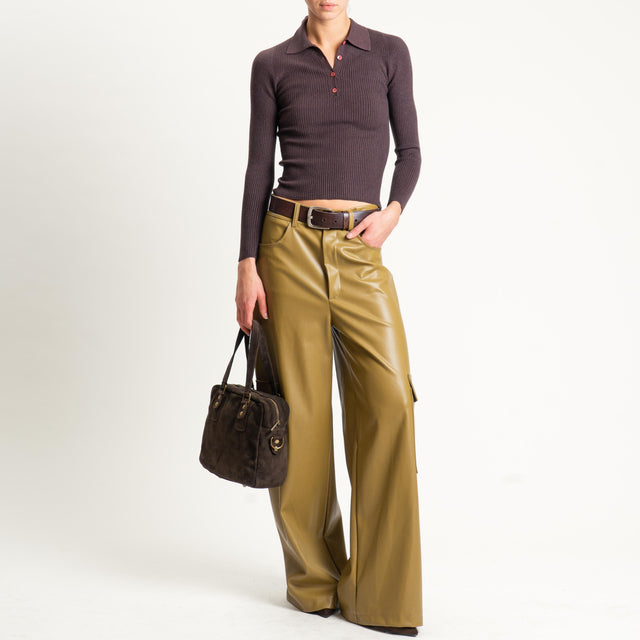 Haveone- Pantalone cargo similpelle wide leg - olio