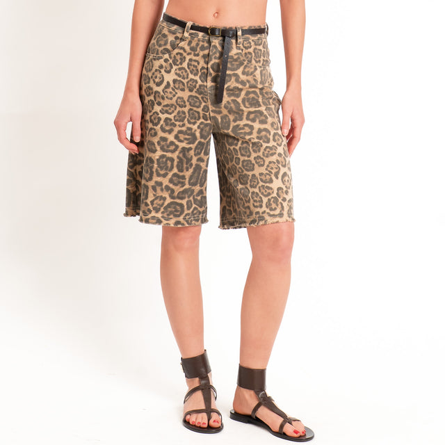 Haveone-Bermuda fantasia animalier con cintura - beige/moro