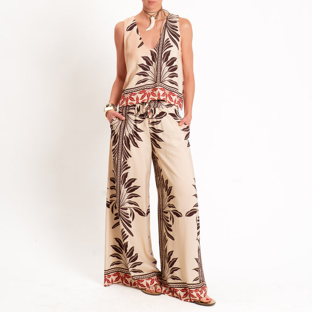 Haveone-Pantalone fantasia con coulisse - beige/moro/india
