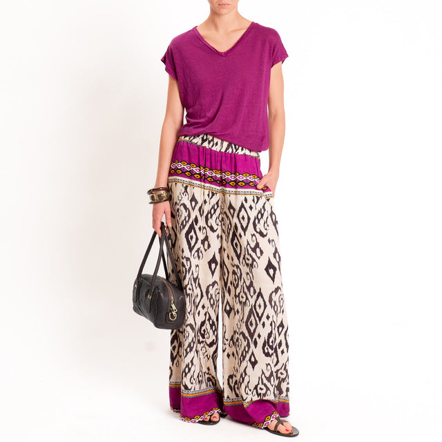 Haveone-Pantalone fantasia etnica elastico in vita - burro/malva/nero