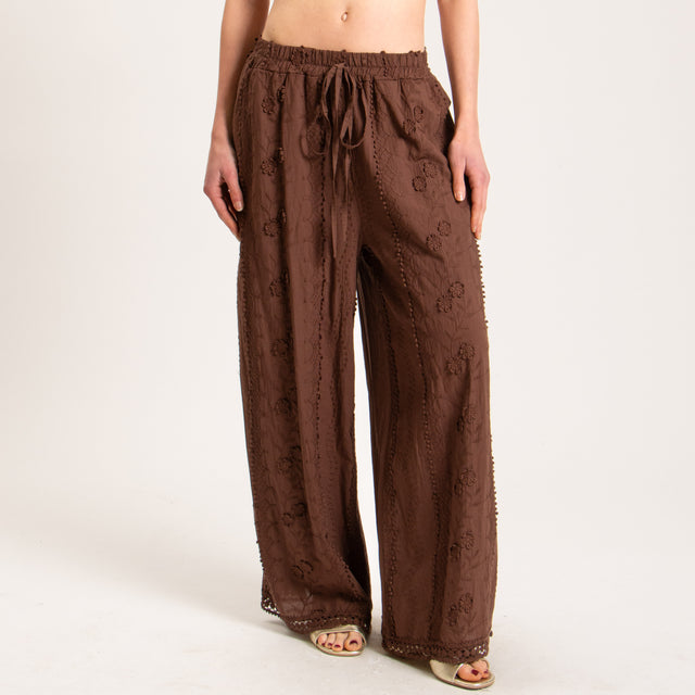 Haveone-Pantalone mussola ricami con passamaneria - cacao