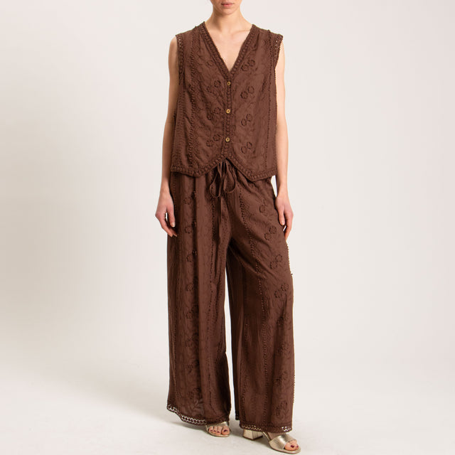 Haveone-Pantalone mussola ricami con passamaneria - cacao