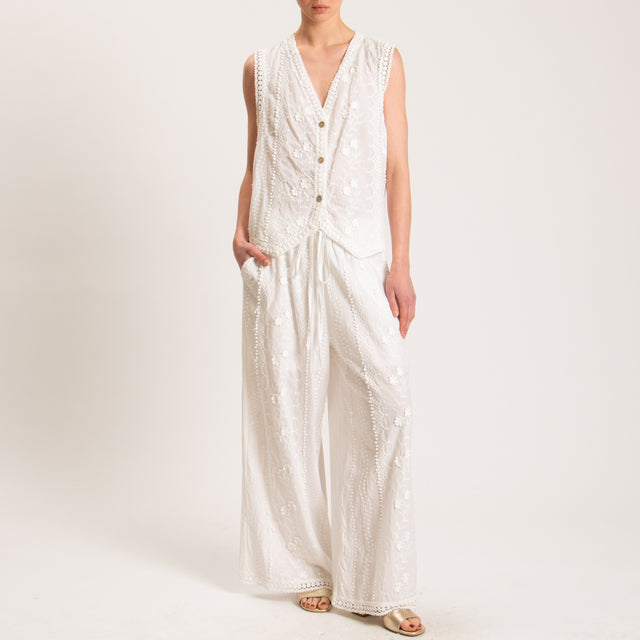 Haveone-Pantalone mussola ricami con passamaneria - panna