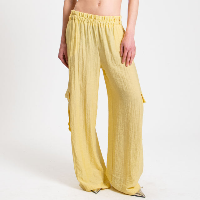 Haveone-Pantalone cargo misto lino con elastico - giallo