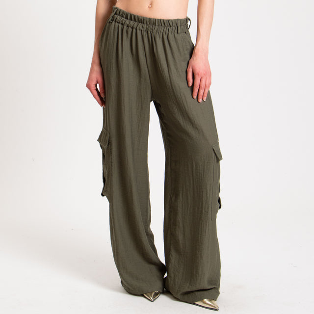 Haveone-Pantalone cargo misto lino con elastico - militare